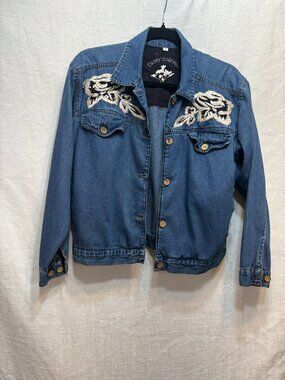 Casey Coleman Vintage Denim Jacket with Cream Black Floral Rose Embroidery